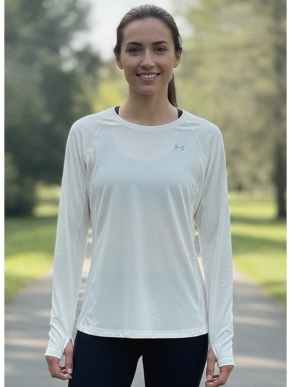 Under Armour Womens Off White Long Sleeve Active Top Thumbholes Crew Neck, Sz Sm